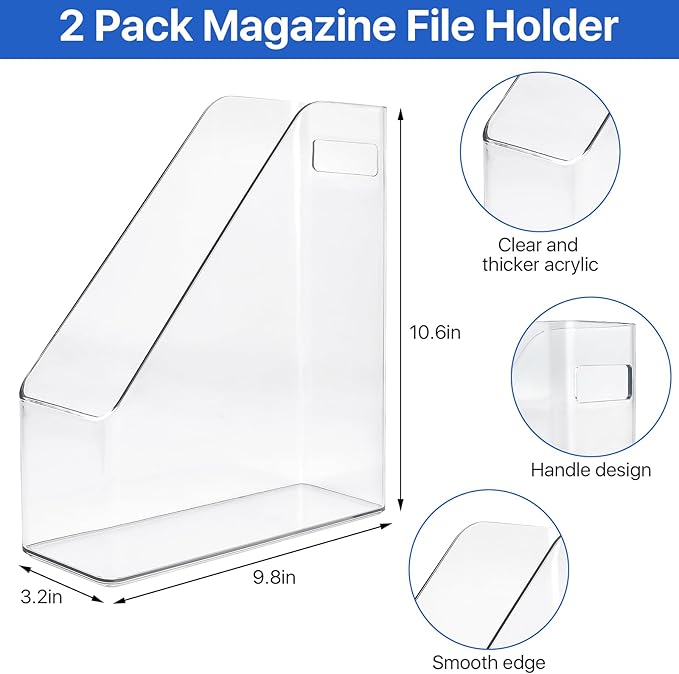 2 Pack Acrylic Magazine File Holder,A4 Vertical File Organizer with Handle for Desk,Clear Document Rack File Folder Storage Bin for Home Office School