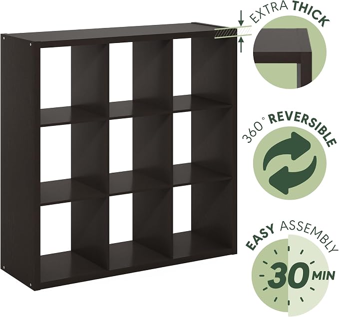 Furinno CUBICLE 9-Cube Book Shelf, Extra Thick Frame Bookshelf, Dark Oak | 14.6" x 44" x 44", Reversible Bookcase with Open Back, for Living Room, Bedroom, Home Office