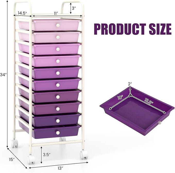 DREAMADE Rolling Cart with Storage Drawers, Utility Cart w/Removable Plastic Drawers, Lockable Wheels, Art Cart for Classroom Organization Art Supplies Office Scrapbook (10 Drawers, Gradient Purple)