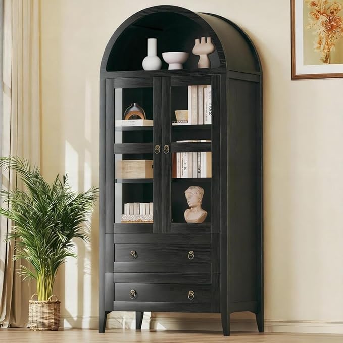 HUAHUU 71" Tall Arched Kitchen Pantry, Arched Cabinet, Kitchen Storage Cabinets with 2 Large Drawers & Adjustable Shelves & Glass Door for Living Room, Dining Room, Black
