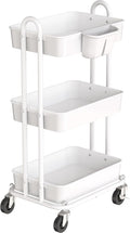 Simple Houseware 3-Tier Rolling Utility Cart with Hanging Bucket, White | Storage for Bathroom, Kitchen, Office, Study Room, Nursery Diaper