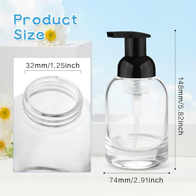 250ml 2 Pack Reusable Glass Foaming Dispenser Bottles Refillable Pump Containers for Shower Gel,Soap & Skincare Solutions