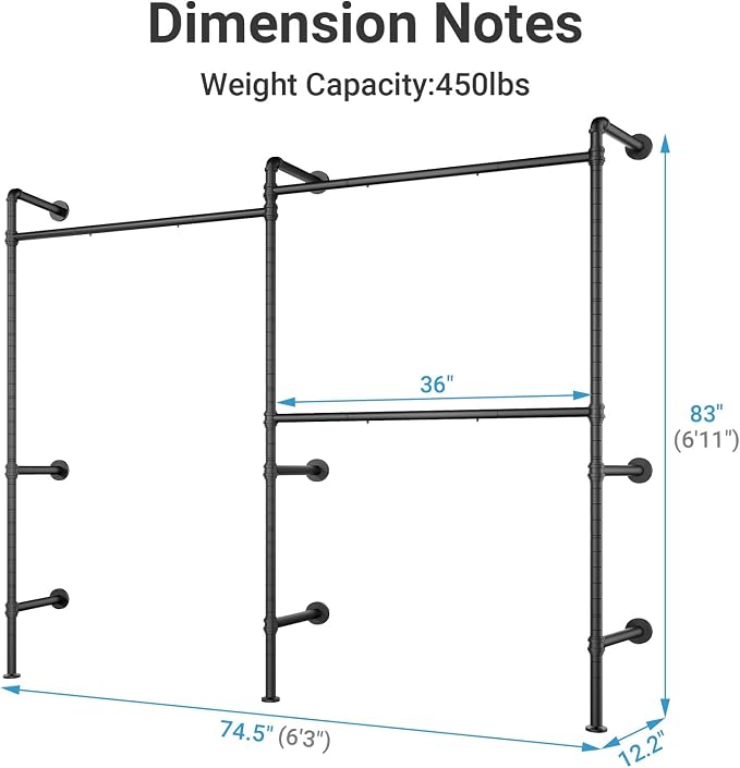 Timate P2 Industrial Pipe Clothes Rack, Wall Mounted Open Closet System with 3 Hanging Rods, L-Shape & Straight Configuration Garment Rack for Closet, Bedroom, Apartment, Retail Display, Black