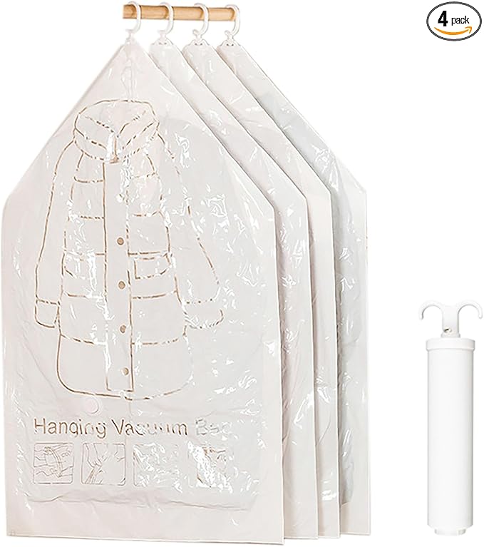 Hanging Vacuum Storage Bags with Pump, 4 Pcs 4 Hooks 43.3 Inch x 27.6 Inch PE Compression Down Jackets Arrange Bags for Saving Closet Space (Medium)