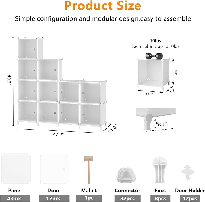 AWTATOS 12 Cube Storage Organizer, Closet Storage Shelves with Doors, White | Portable Closet Organizers, DIY Stackable Storage Cube Shelf, Plastic Clothes Organizer Shelving for Bedroom, Home Office
