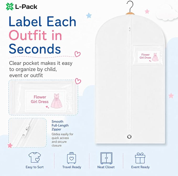 Kids Garment Bag with Clear Window, Hanging Clothes Storage Cover for Dresses, Suits & Dance Costumes, Breathable Travel Bag for Baby Toddler Child, 30" x 18", White, Pack of 1