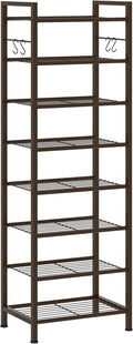 usikey 8 Tiers Narrow Shoe Rack 16-24 Pairs, Sturdy Metal Tall Shoe Rack with 4 Hooks, Slim Shoe Storage Organizer with Metal Shelf, Space Saving Vertical Shoe Shelf for Closet Entryway, Bronze