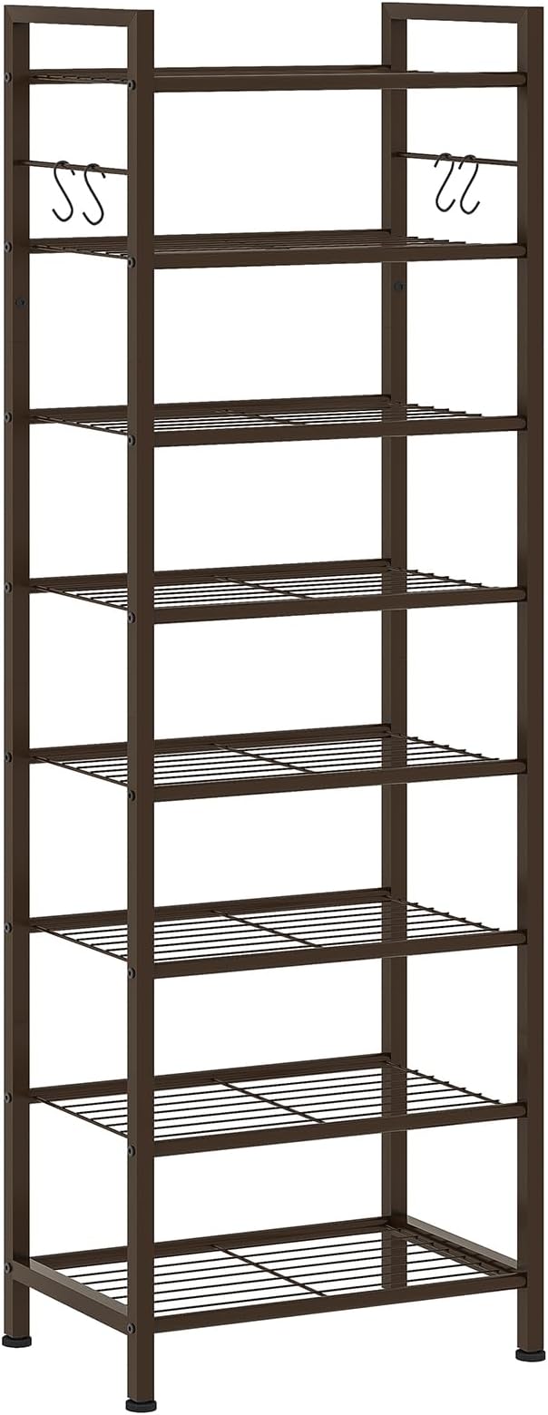 usikey 8 Tiers Narrow Shoe Rack 16-24 Pairs, Sturdy Metal Tall Shoe Rack with 4 Hooks, Slim Shoe Storage Organizer with Metal Shelf, Space Saving Vertical Shoe Shelf for Closet Entryway, Bronze
