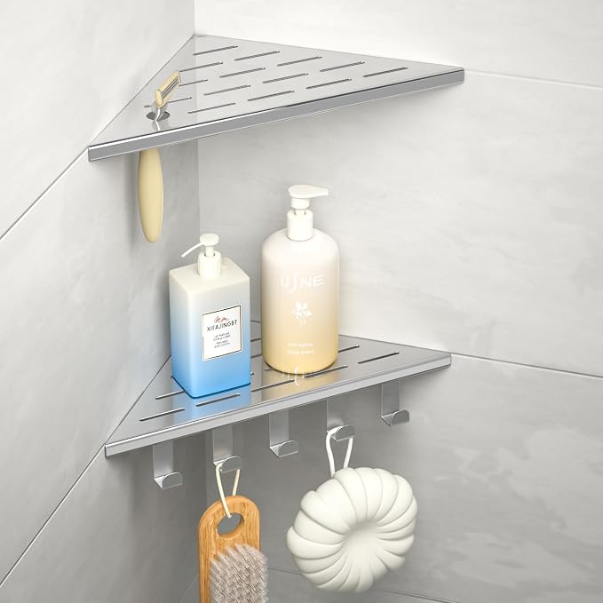 10‘’ Corner Shower Shelf | 304 Stainless Steel Shelves for Bathroom, Grout in Shelf with Hooks for Tiled Wall (Polished)