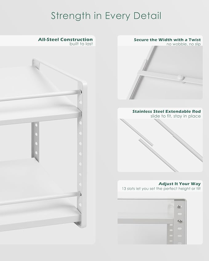Expandable Cabinet Shelf Organizer, 2-Tier Countertop Storage Riser | Heavy-Duty Metal, Holds 80 lb, Adjusts Wide, 13 Height Slots, Tilt Option, for Kitchen, Pantry & Cupboard, Under Sink, White
