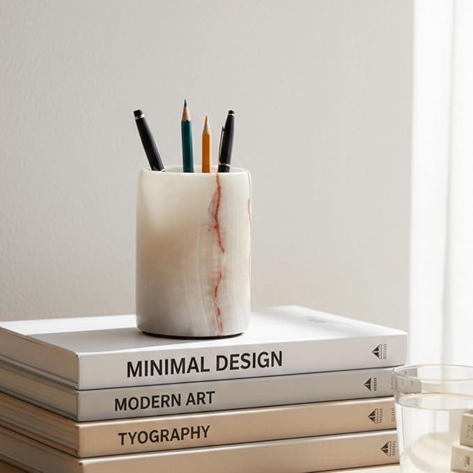 Radicaln Marble Pen Holder For Desk 4" Inches White Onyx Handmade Marker & Pen Holder for Desk Organizer, Ideal Marble Toothbrush Holder & Pencil Holder For Home Decor