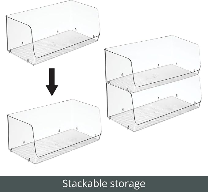 mDesign Modern Stackable Plastic Open Front Dip Extra Large Storage Organizer Bin Basket for Kitchen Organization, Shelf, Cubby, Cabinet, and Pantry Organizing Decor, Ligne Collection - 2 Pack - Clear