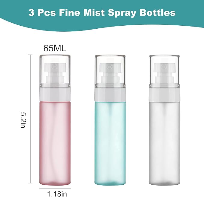 Fine Mist Travel Spray Bottles, 3-Pack，2.2oz/65ml | Twist Caps, Seal Rings, Textured Grip, Refillable, TSA-Compliant