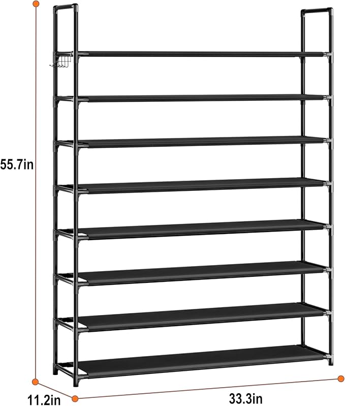 OYREL 8 Tier Shoe Organizer, 33.3in Wide x 11.2in Deep x 55.7in Tall, Black Metal and Plastic Shoe Rack, Holds up to 32-40 Pairs of Shoes