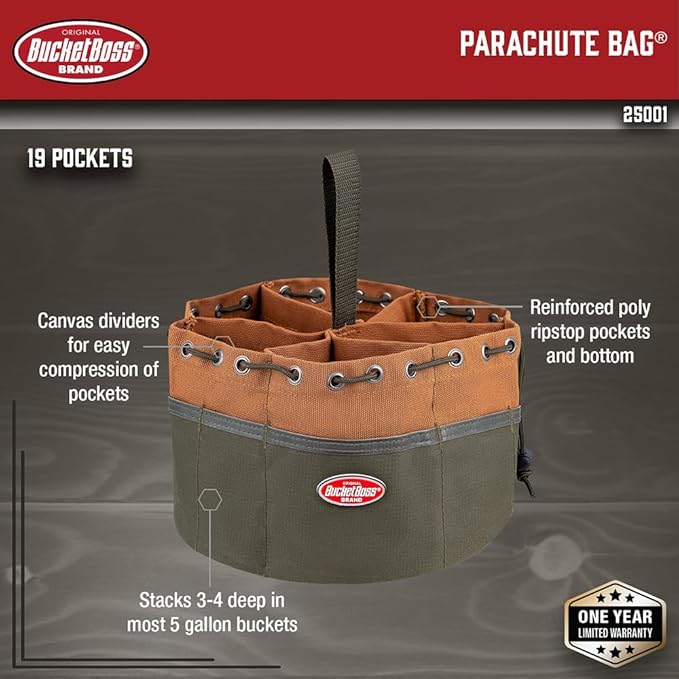 Bucket Boss 25001 Canvas Organizer Parachute Bag with 19 Pockets for Nails,Screws, and Bolts in Brown (Pack of 6)