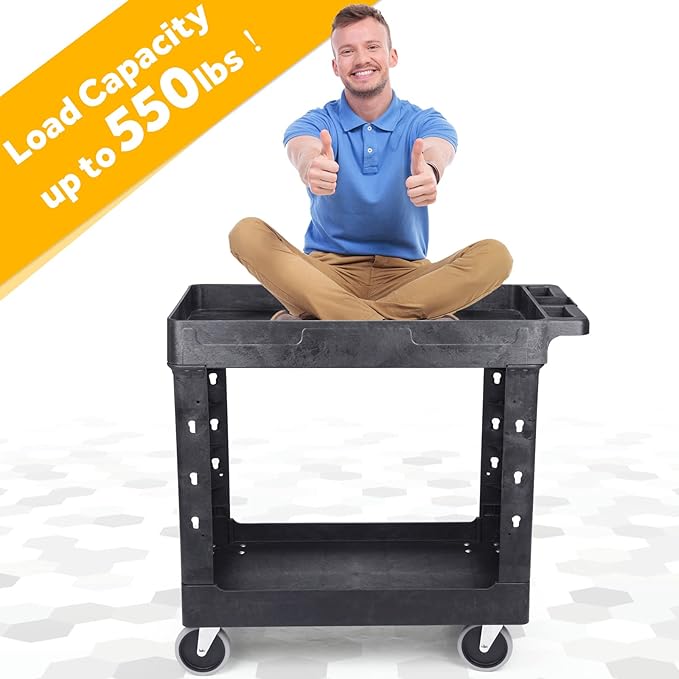 ELAFROS 2-Tier Utility Rolling Cart, 34 x 17 in, 5" Swivel Wheels, 550lb | Deep Tub Shelves, Plastic Service Cart, Work Cart, Tool Cart, Tub Storage Organizer, Warehouse Garage Cleaning Supplies