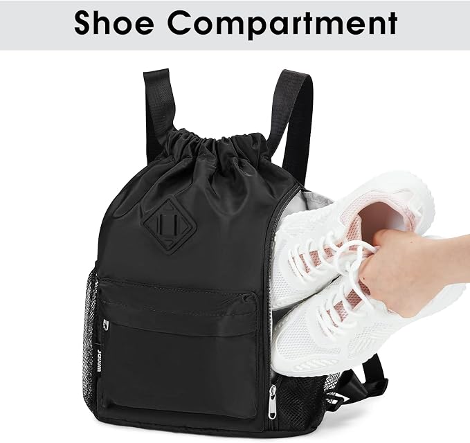 WANDF Drawstring Backpack with Shoe Compartment, Sports Gym Bag | Multi-Pocket Storage, Water-Resistant Fabric, Cinch String Bag