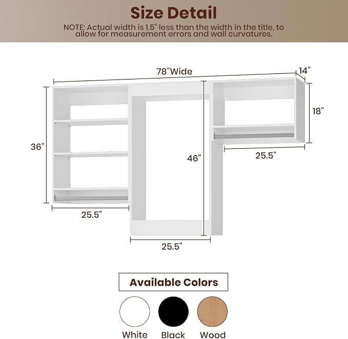 ROOMTEC Modular Closet System, 78" Closet Organizer with Hanging Rods, Wall-Mounted Wooden Tower for Walk-In Closets, Wardrobe Storage Kit, White