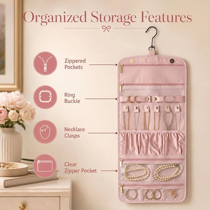 Double Sided Hanging Jewelry Organizer for Closet Door, Pink,Travel Closet | hanging jewelry organizer keeps earrings, rings, necklaces, and bracelets visible in a closet or travel bag.