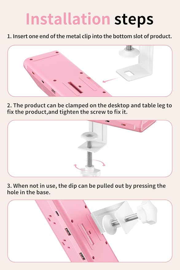 6.5 FT Desk Clamp Power Strip with 5 AC Outlets & 6 USB Ports PD 40W USB-C Fast Charging, Extension Cord with Multiple Outlets, Fits 2.1 in top Edge Pink