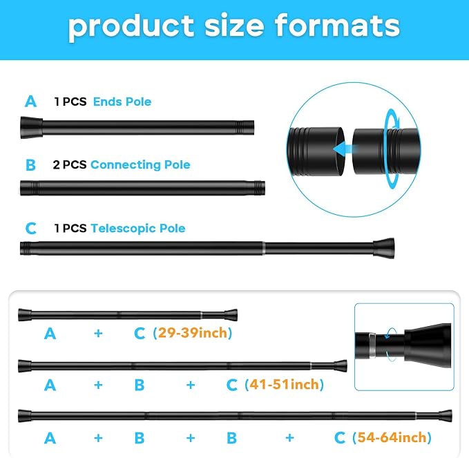 MEXAU 1Pack Black Tension Curtain Rod for Windows 29 to 64 inch, Never Rust adjustable curtain rod tension curtain rods no drilling，7/8 Inch spring loaded curtain rods for Doorway Closet Door