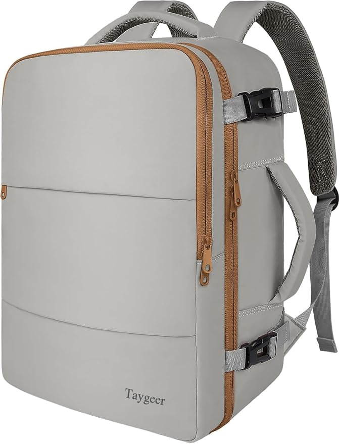 Taygeer Carry On Backpack for Men Women, Laptop Bag 17.3" Flight Approved | Travel Backpack with Water Bottle Pocket & Shoe Pouch, College Teacher Tote Bag for Business Travel, Dark Brown Khaki