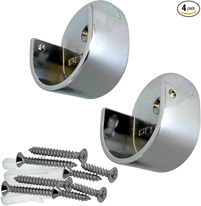 Closet Rod Support Flanges with Screw On Attachment | Heavy Duty Clothes Pole End Sockets for Wardrobes |Polished Chrome |4 Pair