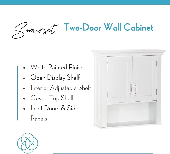 RiverRidge Somerset Two-Door Bathroom Wall Mount Medicine Cabinet, White | Open Display Shelf, Adjustable Interior Shelf, Two-Tone Handles, Space-Saving, Laundry Storage