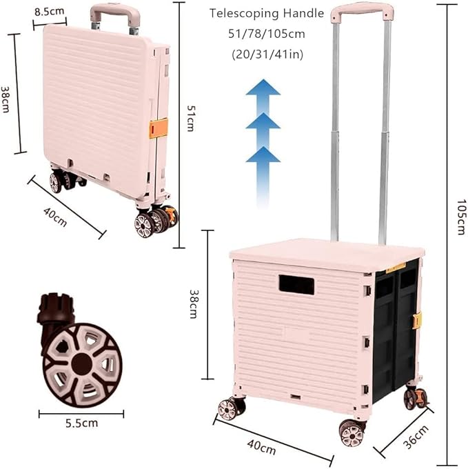 Foldable Utility Cart Portable Rolling Crate Handcart Shopping Trolley Collapsible 4 Rotate Wheels with Durable Heavy Duty Plastic Telescoping Handle for Travel Shopping Moving Storage Office Use