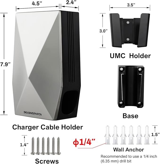 SEVEN SPARTA Aluminum Charging Cable Holder Wall Mount for Tesla Charger | Upgraded Aluminum with UMC Holder, Side Holster to Save Space, For Tesla Model 3 Y X S Cybertruck Mobile & Wall Connector