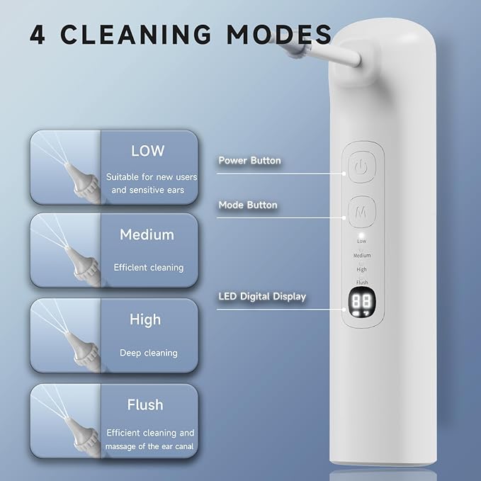 Ear Wax Removal Tool with Water Temperature Indicator Ear Cleaning Kit, 3 Jet Stream Flushing System Ear Irrigation Kit, 4 Pressure Modes Safe & Effective Ear Cleaner with Basin & 6 Tips
