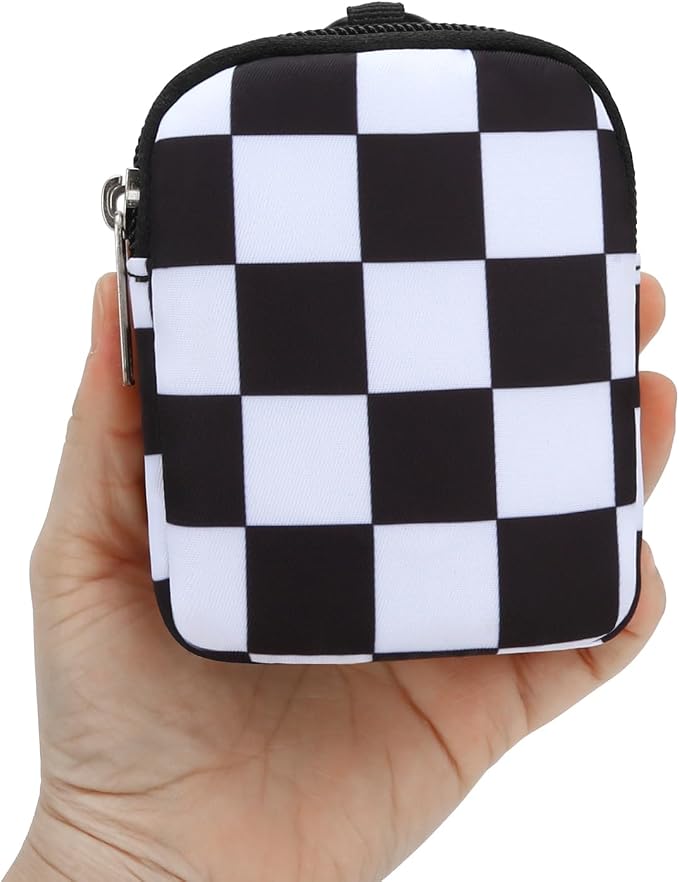 E-Tree Coin Purse with Carabiner Clip, Dual Layer Card Case Holder, Mini Pouch for AirPod Earphone Keychain USB Cable,Wallet, Small Accessories Organizer Bag for Women and Men (Black Checkered)