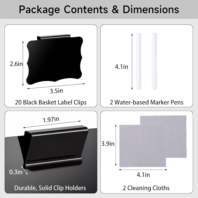 20 Pcs Basket Labels Clip On for Storage Bins, Pantry Organization with2 Markers and 2 Wipe Cloths Reusable Clip on Chalkboard Basket Tags for Kitchen Pantry Storage
