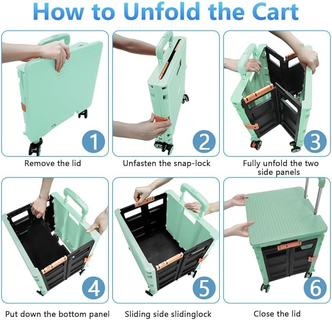 Foldable Utility Cart Portable Rolling Crate Handcart Shopping Trolley Collapsible 4 Rotate Wheels with Durable Heavy Duty Plastic Telescoping Handle for Travel Shopping Moving Storage Office Use