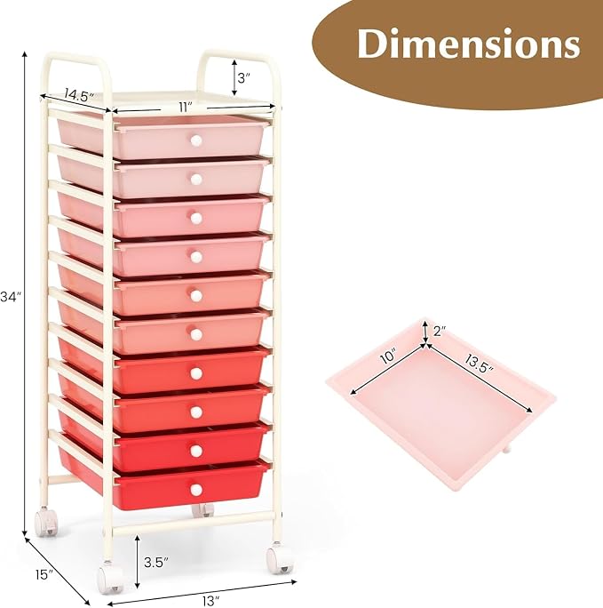 LDAILY 10-Drawer Rolling Storage Cart, Rolling Storage Cart, Storage Organizer on Wheels, Metal Frame, Scrapbook Paper Tools, Suitable for Office School, Classroom (Gradient Pink, 10 Drawer)