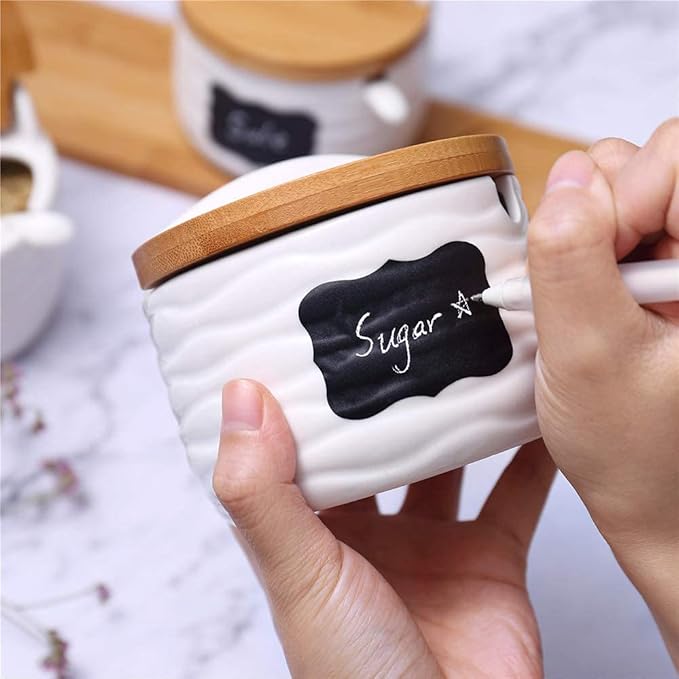 Ceramic Sugar Bowl with Bamboo Lids and Spoons Serving Tray, Porcelain Sugar Container for Sugar Tea Coffee Spice,Salt Condiment with Chalkboard Labels for Home Kitchen ,9.1 fl oz 270 ML,3PCS