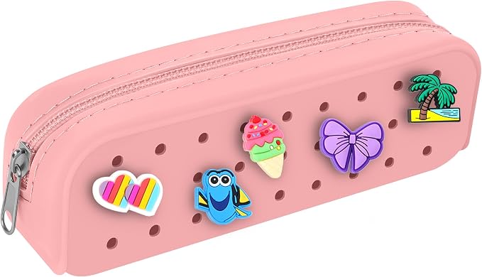BestStone Silicone Small Pencil Pouch – Small Pencil Case with DIY Holes and 10 Decorative Charms, Multipurpose Makeup Bag or Stationery Organizer, Large Capacity(Light Pink)