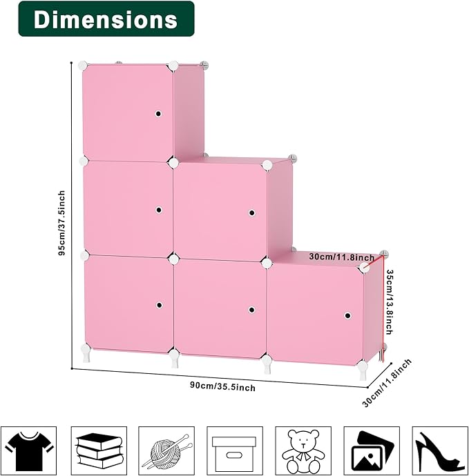 Cube Storage Organizer, 6-Cube Shelves Unit with Doors, DIY Stackable Plastic Clothes Organizer for Bedroom and Under Stairs Storage Unit, Each Compartment 30 x 30 x 30 cm Pink ATTSL6006