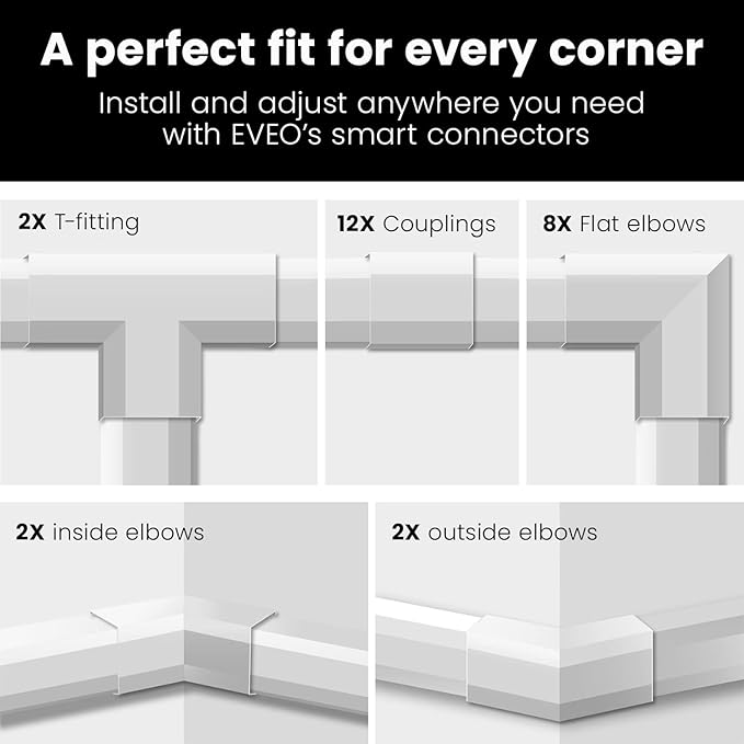 EVEO Cable Hider Wall 306” - Cable Raceway Cord Hider - Wire Covers for Cords on Wall, Cord Cover, Wall Cable Hider, Cable Concealer, Wire Hiders for TV on Wall - 20X (L16 W0.95 H0.5) - Medium | Grey