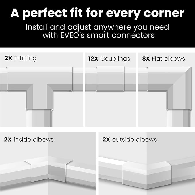 EVEO Cable Hider Wall 306” - Cable Raceway Cord Hider - Wire Covers for Cords on Wall, Cord Cover, Wall Cable Hider, Cable Concealer, Wire Hiders for TV on Wall Management-20X (L16 W0.95 H0.5) - White