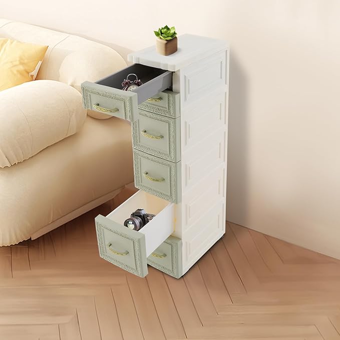 Storage Cabinet, 6 Drawers Narrow Plastic Organizer Cabinet with Wheels, Vertical Drawer Storage Unit, Mobile Slim Utility Furniture for Office, Living Room, Bedroom, Garage (Green)