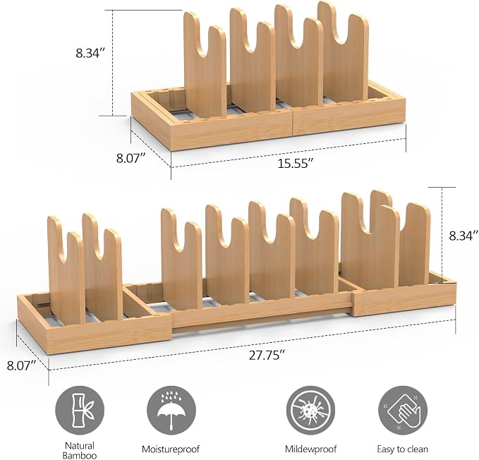Pots and Pans Organizer Under Cabinet,Bamboo Pot Lid Organizer | Expandable Pan Organizer, Pot and Pan Organizer Rack for Kitchen Countertop or inside Cabinet