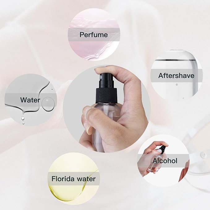 LISAPACK 2oz Small Spray Bottle (10 Pack) Plastic Mini Fine Mist Atomizer, Tiny Sprayer for Travel Perfume, Cologne, Alcohol (Clear, 60ml)