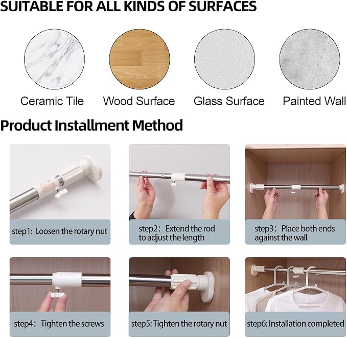 Closet Rod Adjustable Closet Rod for Hanging Clothes Heavy-Duty Tension Rod | Rust-Resistant Tension Bathroom Rod for Window, Bathroom, Closet, Room Divider Without Drilling 19.68 To 31.49 Inch