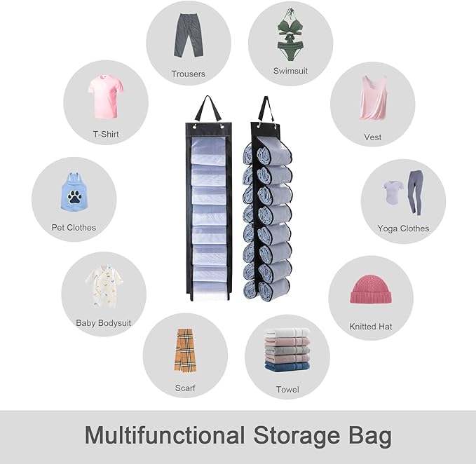 DHSFKBE Legging Organizer Storage - 2PCS T Shirt Organizer, Hanging Closet Organizers and Storage with 16 Roll Independent Compartments for Yoga Pants, Towel, Bathing Suit (Black)