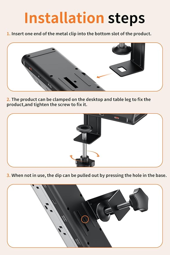 10 FT Desk Clamp Power Strip with 5 AC Outlets & 6 USB Ports PD 40W USB-C Fast Charging, Extension Cord with Multiple Outlets, Fits 2.1 in top Edge Black