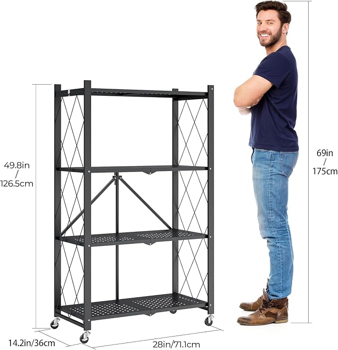 4-Tier Folding Metal Storage Rack - 50" Heavy-Duty Steel Frame with Wheels, No Assembly Utility Organizer, Rolling Shelving Unit for Kitchen, Garage, Pantry, Bedroom (Black, 4 Tier)