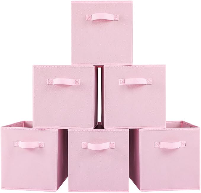 Stero Fabric Storage Bins 6 Pack Fun Colored Durable Storage Cubes with Handles Foldable Cube Baskets for Home, Kids Room, Closet and Toys Organization Pink