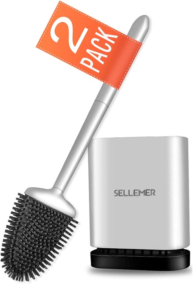 Sellemer Silicone Toilet Brush, Ventilation Slots Base Holder 2 Pack Silver | Flexible Bristles Flat Head for Rim, Hair Tangle-Free, Easy to Clean, Compact Design, Rustproof Handle, for Toilet/Sink/Tub