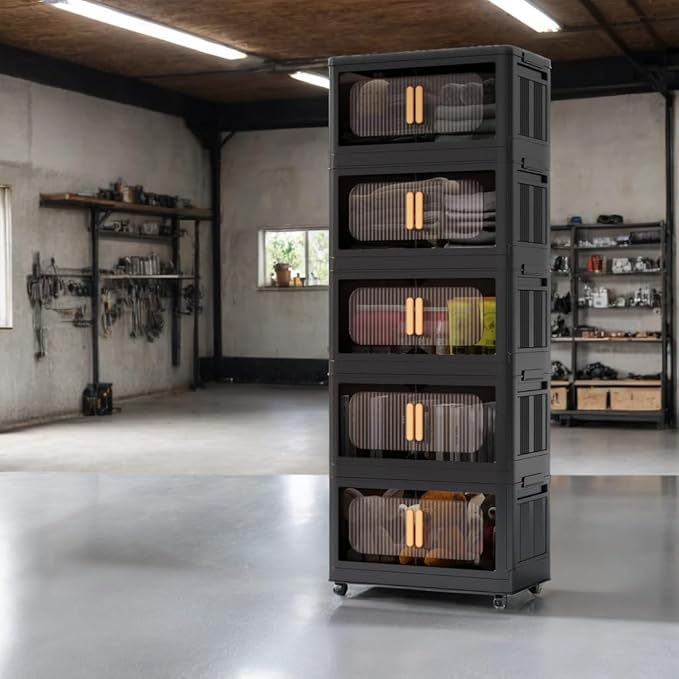Foldable Storage Cabinet，Plastic Cabinet，Stackable Storage Bins， Open Front with Magnetic Door and Wheels(Black - 5Tiers)